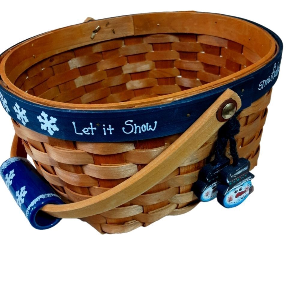 Christmas Wicker Basket With Ceramic Handle And Painted Snowmen Ornaments 10"